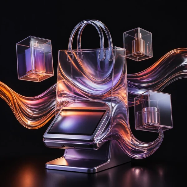Iridescent glass shopping bag and point-of-sale terminal representing AlphaTech retail software and POS solutions